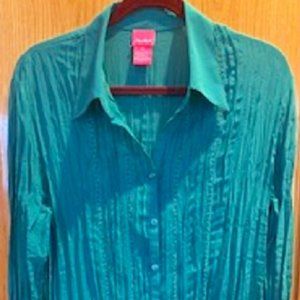 NWOT Du Jour Button-Up Front Long Sleeve Sheer Green Frill Blouse Shirt TopSz:XL